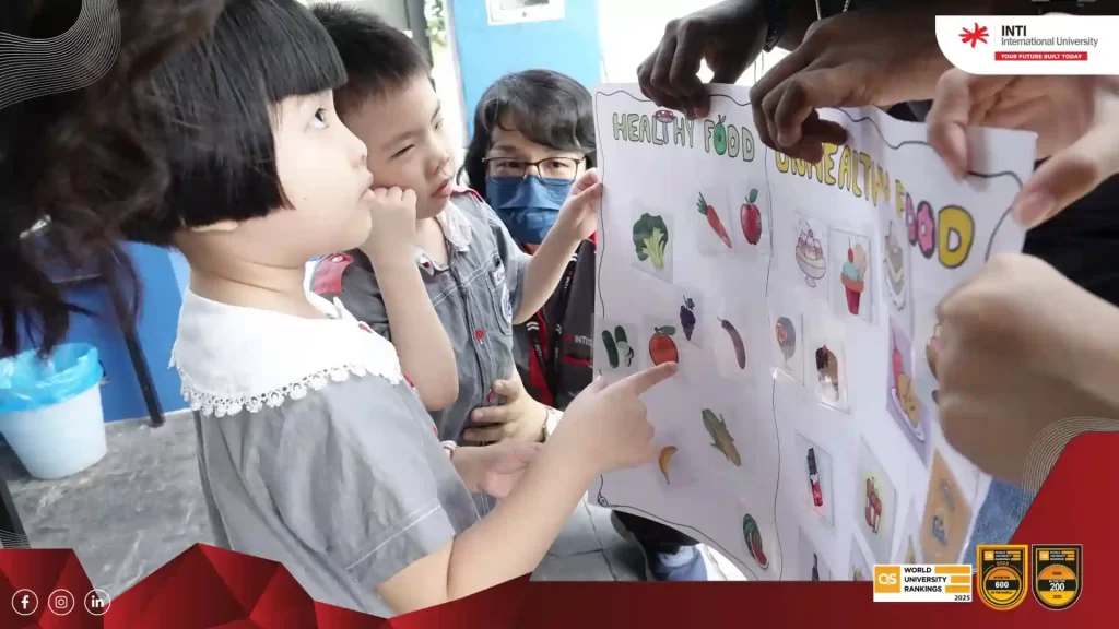 INTI students guided Q-dees preschoolers in distinguishing between healthy and unhealthy foods.